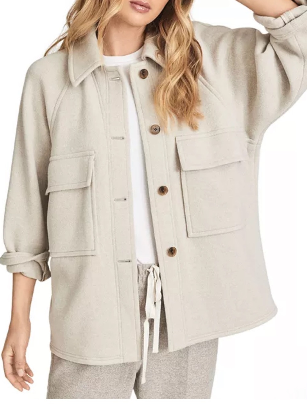 REISS Syden Overshirt Shacket Shirt Jacket Cream Neutral Casual Women’s Large